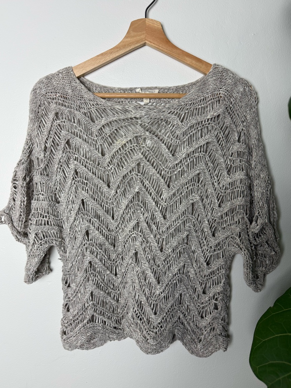 Eileen Fisher Gray Open Knit Chevron Scoop Neck Sweater XS Cotton Blend